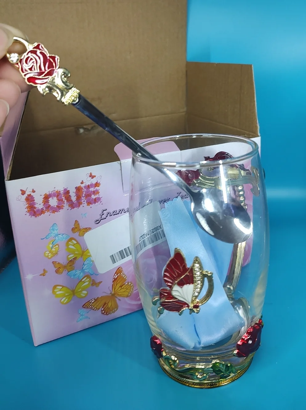 Handicraft Crystal Glass 3D Flower Tea Cup with Spoon Red Rose Accents